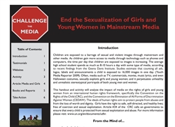 [ai] A promotional flyer titled 'End the Sexualization of Girls and Young Women in Mainstream Media.' It includes sections on introductions, testimonials, and calls to action with a red and black design.